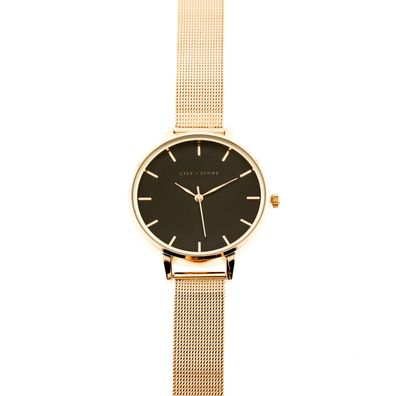 Lily + Stone Armbanduhr, schwarzes Zifferblatt, schwarze Schnalle, Armband Gold