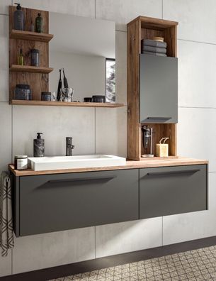 Badmöbel Badezimmer Set grau Eiche Waschtisch komplett Mit Waschbecken Bad Ramon