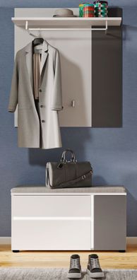 Flur Garderobe Set 2-tlg Sitzbank und Paneel weiß grau Garderobenset Kato mit LED