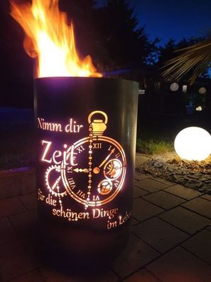 Feuertonne / Feuerkorb / Feuerschale mit Uhr und Zeit Motiv