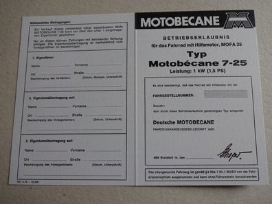 Betriebserlaubnis ABE Motobecane 7-25 Mofa Fahrrad mit Hilfsmotor Datenblatt