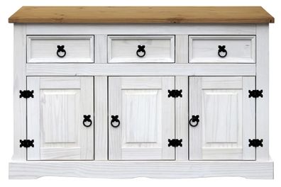 Sideboard Kommode Kiefer massiv weiß-braun, 3 Schubladen 3 Türen, ca. 130 cm breit