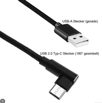 Textil Kabel USB-A Stecker (gerade) auf USB 2.0 Typ-C Stecker (180° gewinkelt), 2met.