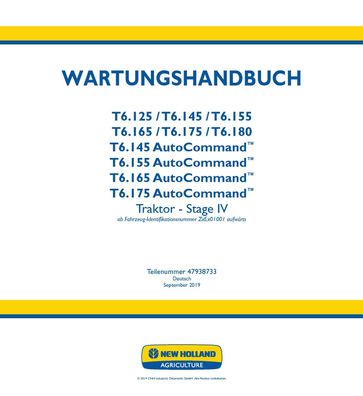 Werkstatthandbuch New Holland Serie T6.125 bis T6.180 und Auto Command Deutsch