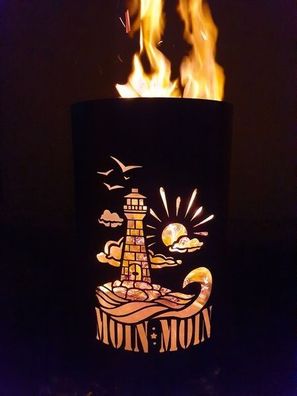 Tiko-Metalldesign Feuertonne / Feuerkorb mit Motiv " Leuchtturm - Moin Moin "