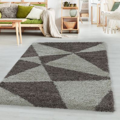 Hochflor Design Teppich Wohnzimmerteppich Muster Abstrakte Dreiecke Taupe