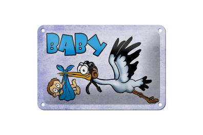 Blechschild Baby 18x12cm Storch bringt Kind in blau Metall Deko