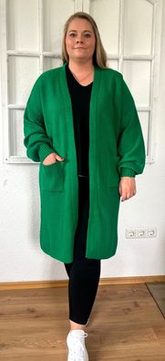 Strickmantel Cardigan Strickjacke lang einfarbig langarm Taschen Perlmuster Grün
