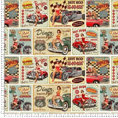 Dekostoff "1950´s: Route 66, Cars, Diners, Pin-up-Girls", 140 cm breit, Mw. ab 0,5 m