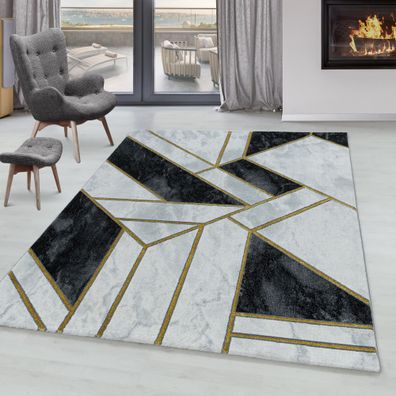 Wohnzimmerteppich Kurzflor Design Teppich Marmor Muster Abstrakt Linien Gold