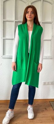 Long Strickweste Strickjacke einfarbig Feinstrick Taschen Viskosemischung Grün