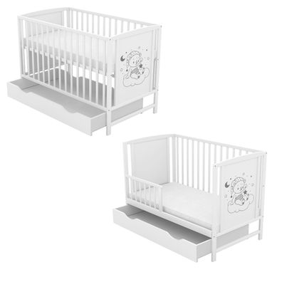 Babybett Kinderbett Schutzgitter 2in1 weiß 120x60 Traumbär Schublade Matratze