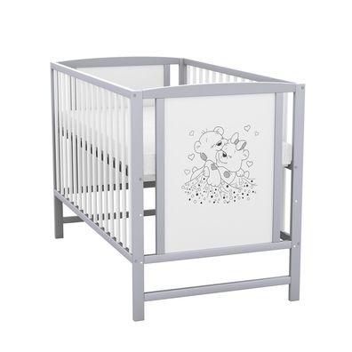 Babybett Kinderbett Gitterbett Bärchen Weiß Grau 120x60 Matratze