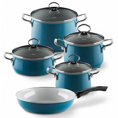 Riess Nouvelle Aquamarin Geschirr Set 5 teilig Emaille extrastark