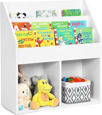 Bücherregal für Kinder, Spielzeugregal aus Holz mit 3-stufigem Fach & 2 Ablagen, Weiß