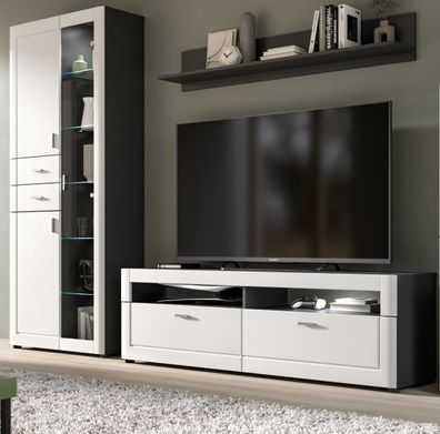 Wohnwand Wohnzimmer Set in weiß und grau Schrankwand mit Vitrine und TV-lowboard Lago