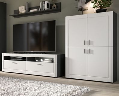 Wohnwand Schrankwand weiß und grau Wohnzimmer Set mit TV-Lowboard und Highboard Lago