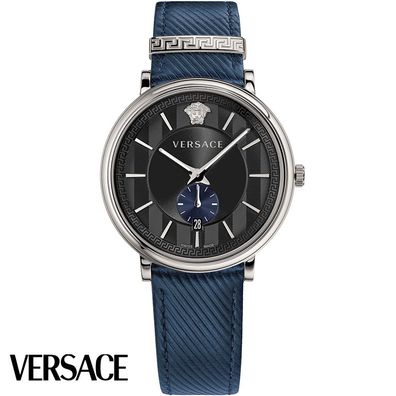 Versace VEBQ01018 V-Circle silber schwarz blau Leder Armband Uhr Herren NEU