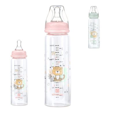 Kikkaboo Baby Glasflasche Savanna 240 ml, Silikonsauger Größe M, Anti-Kolik