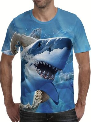 Shark Print Tee Shirt, Tee Für Männer, Lässiges T-Shirt Für Sommer, Frühling Und Herb
