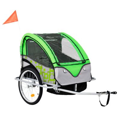 2-in-1 Kinder Fahrradanhänger & Kinderwagen Grün und Grau