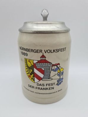 Nürnberger Volksfest 1989 Bierkrug mit Zinndeckel Steinkrug Vintage