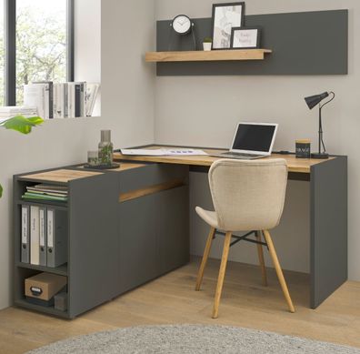 Büromöbel Set in grau und Eiche Büro mit Schreibtisch Kommode Regal Homeoffice Center