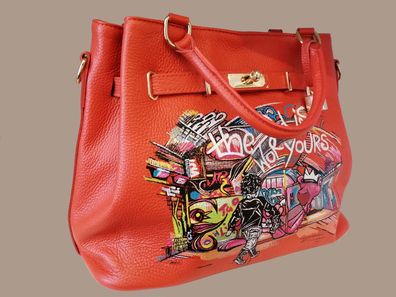 Handtasche Echtes Leder Orange / Koralle * UNIKAT* handbemalt - Kelly Bag Streetart