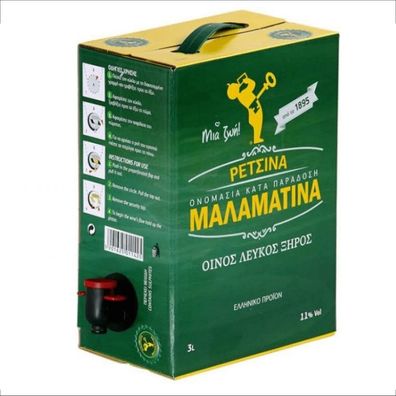 Retsina Malamatina 3L Bag in Box mit Zapfhahn geharzter griechischer Weißwein