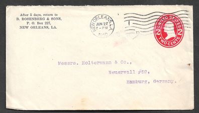 Ganzsache USA 2 Cents (rot) gelaufen von New Orleans nach Hamburg 27.6.1910