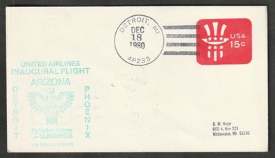 Ganzsache USA Flug United Airlines Detroit nach Phoenix 18.12.1980