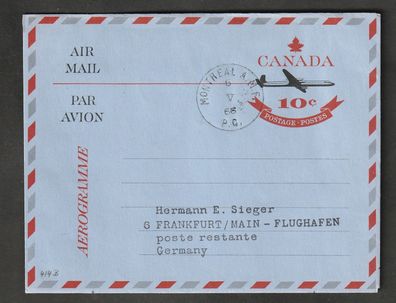 Ganzsache Canada Luftpostfaltbrief gelaufen von Montreal nach Frankfurt