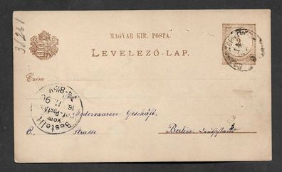Ganzsache Ungarn Postkarte gelaufen nach Berlin 16.11.1890 P 6