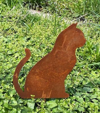 Gartenfigur Katze sitzend 30x25cm Gartenstecker Rost Edelrost Metall Tierfigur