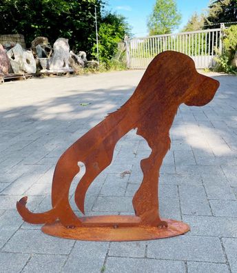 Gartenfigur Hund mit Katze 50x58cm auf Platte Edelrost Rost Metall Tierfigur
