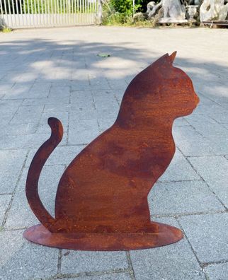 Gartenfigur Katze sitzend 30x25cm auf Platte Rost Edelrost Metall Tierfigur