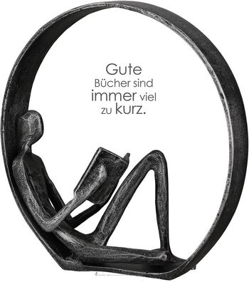 Design Skulptur Novel Mann mit Buch im Ring 18cm Eisen antik Silber Wohnzimmer