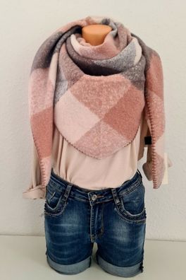 Blogger XXL Winter Flausch Dreieckstuch Halstuch Schal Viskose kariert Rosa Grau