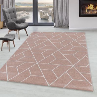 Wohnzimmerteppich Kurzflor Design Teppich Geometrisches Muster Linien Rose