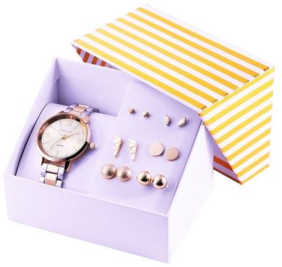 Excellanc 1800183-003 Set aus Uhr in bicolour mit 6 rosegoldfarbenen Ohrsteckern