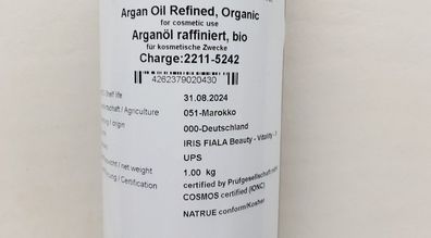 1 kg = 1,34 Liter BIO Arganöl, kaltgepresst, für kosmetische Zwecke, NATRUE