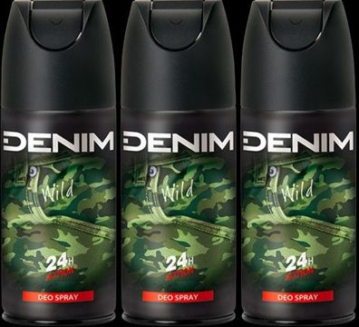Denim Wild Deodorant Spray 24h Action 3 x 150ml Deo