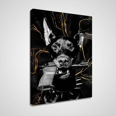 Dobermann mit Waffe | Wandbild auf Leinwand oder Acrylglas | Deko | Kunstdrucke