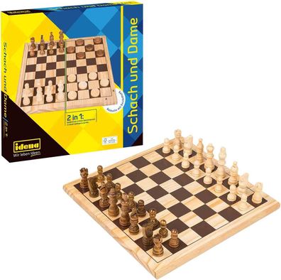 Idena 40174 - Spieleklassiker Schach und Dame 2-in-1, mit Spielbrett, 32 Schachfig...