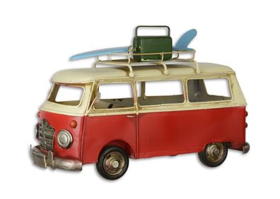 Blechauto Nostalgie Modellauto Oldtimer Bulli mit Surfboard Bus aus Blech L 29 cm