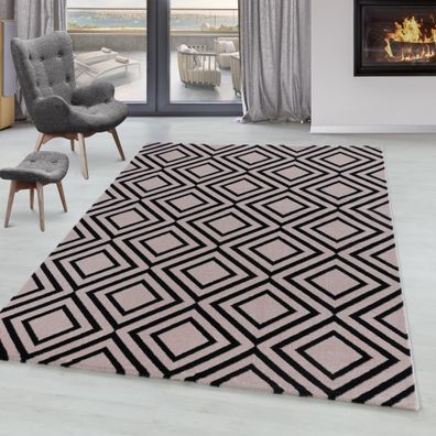 Wohnzimmerteppich Weicher Kurzflor Teppich Rauten Gitter Design Soft Flor Pink