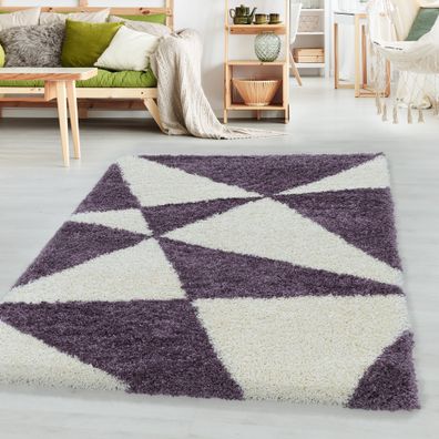 Hochflor Design Teppich Wohnzimmerteppich Muster Abstrakte Dreiecke Lila