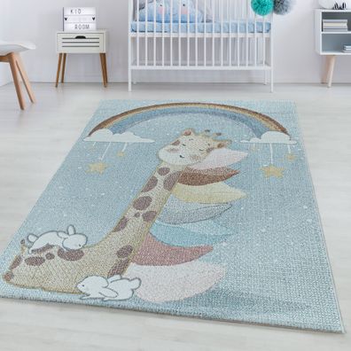 Kurzflor Teppich Kinderteppich Kinderzimmer Regenbogen Giraffe Weich Blau