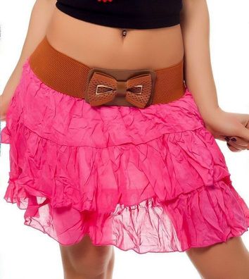 SeXy Damen Mini Rock Volant Crash Knitter Stufen Stoff Schleife Bund XS-S pink