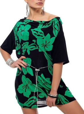 Sexy Damen Long Shirt Flower Tunika Mini Kleid Gürtel 36/38/40 grün schwarz TOP